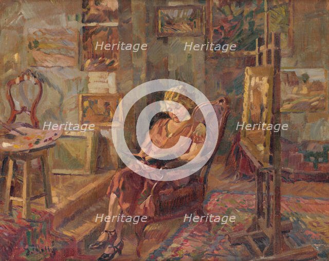 Visit in an Atelier, around 1923. Creator: Gustav Mally.