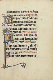 Initial E: A Female Saint (Mary?) with a Book and Flowers: Initial A: The Annunciation, about 1300. Creator: Unknown.