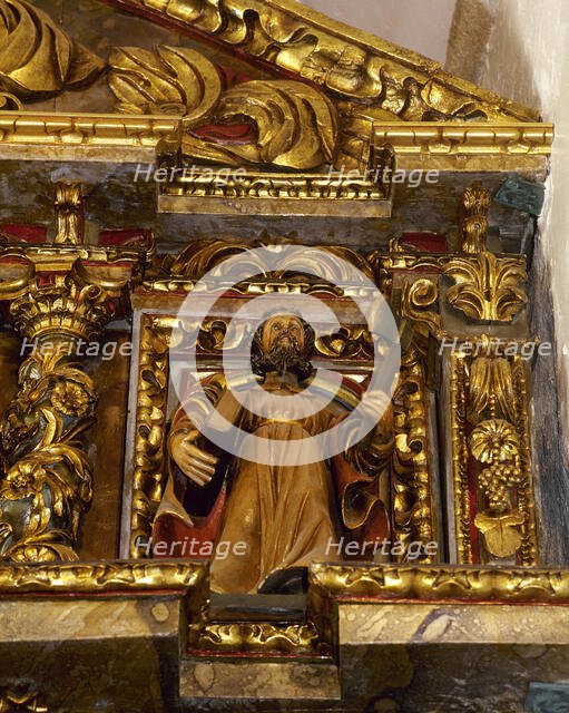 Altarpiece with detail of the apostle St Matthias, Sanctuary, San Andres de...Galicia, Spain, 2000.  Creator: Miguel López de la Peña.