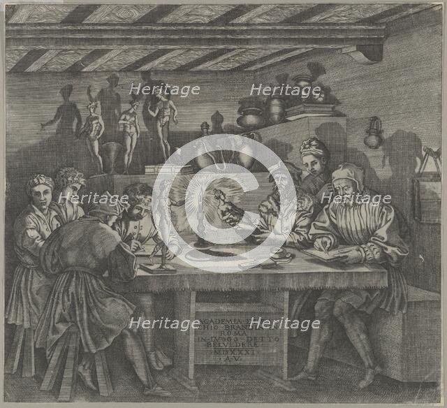 Baccio Bandinelli in his studio holding a statuette of Venus, students sketching from a mo..., 1531. Creator: Agostino Veneziano.