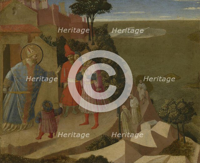 Saint Romuald Refuses Emperor Otto III Admission to the Church, 1435. Creator: Fra Angelico.