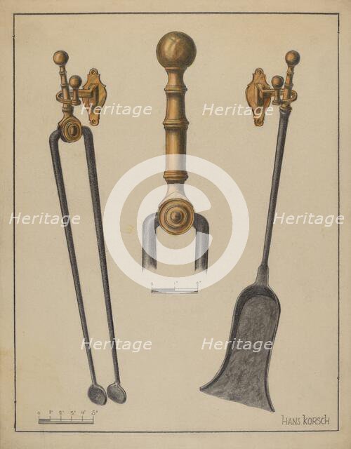 Fire Tongs, Shovel, and Jamb Hooks, c. 1937. Creator: Hans Korsch.