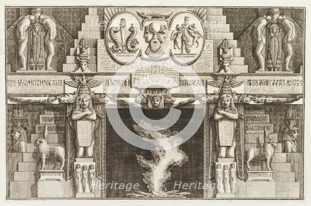 Design for chimneypiece with ornate Egyptian design over mantlepiece, animals and figures..., 1769. Creator: Giovanni Battista Piranesi.