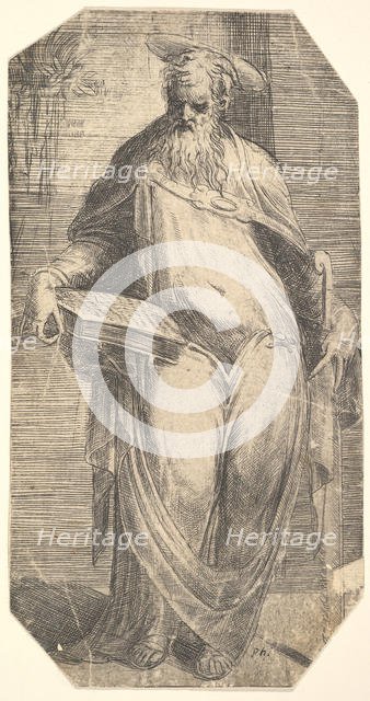 Saint Simon standing, supporting a book on his right thigh, from 'Christ and the Ap..., ca. 1548-50. Creator: Andrea Schiavone.