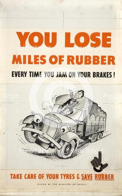 'You lose miles of rubber every time you jam on your brakes!...', WWII poster, between 1939 and 1946 Creator: Central Office of Information.