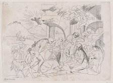 The adoration of the shepherds who gather at left, angels holding a banderole upper r..., 1700-1800. Creator: Anon.
