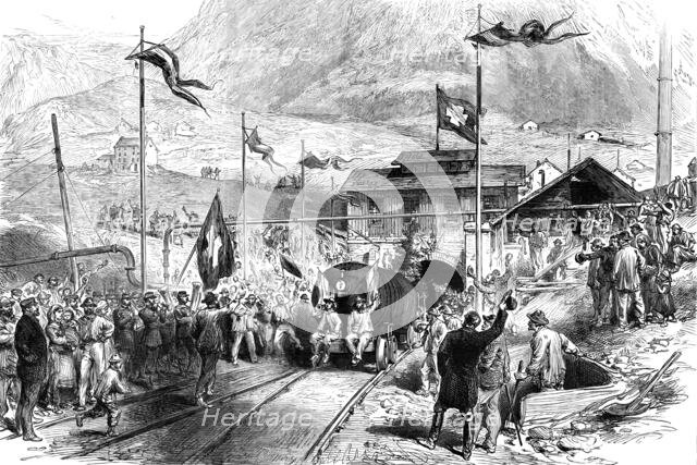 Completion of the St. Gothard Tunnel: arrival at Airolo of the first train…, 1880. Creator: Unknown.