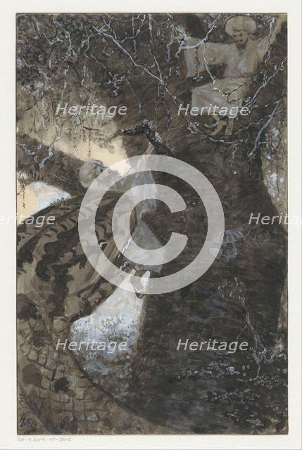 Man in a tree is grabbed by a snake, 1910 or earlier.  Creator: Louwerse, H.C..