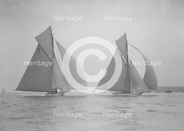 'Ostara' & 'Mariska' running downwind under full sail, 1911. Creator: Kirk & Sons of Cowes.