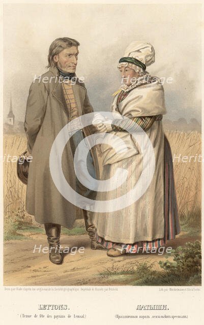 Latvians. (Festive attire of Lemzal peasants), 1862. Creator: Karl Fiale.