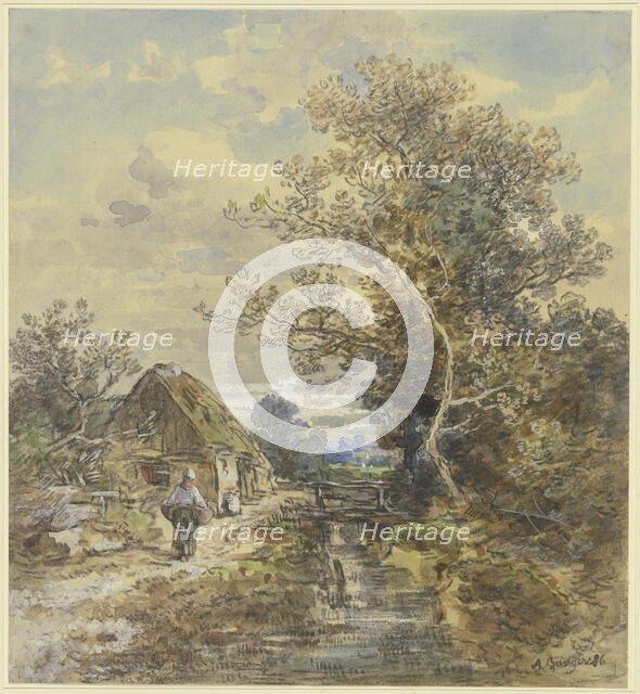 Tree and farmhouse by a stream with a woman, 1886. Creator: Anton Burger.