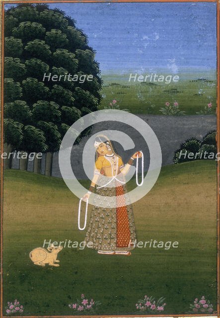 A woman in a garden, beckoning a cowering animal, (c17th-c18th century?). Creator: Unknown.
