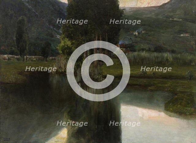 Lake with cypresses and houses, 1923. Creator: Wolf Ferrari, Teodoro (1878-1945).