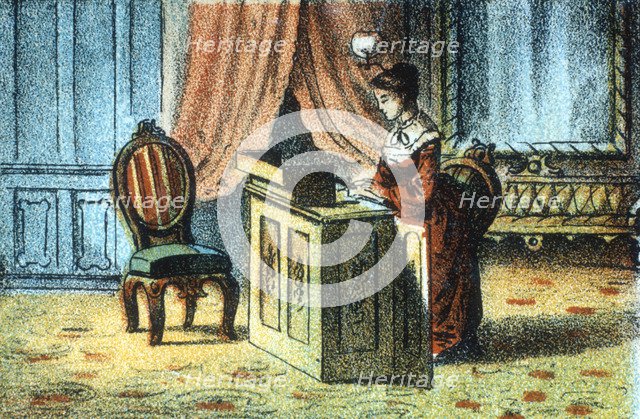 Woman using sewing machine patented by Elias Howe [c1878]. Artist: Unknown
