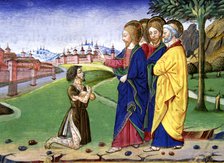 A leper approaches Jesus and asks him to cure the illness: Jesus agrees, miniature in the codex o…