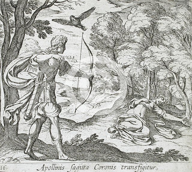 Apollo Killing Coronis, published 1606. Creators: Antonio Tempesta, Wilhelm Janson.