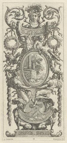 Ornamental Panel Surmounted with a Head Flanked by Foliage, 1647. Creator: Michel Dorigny.