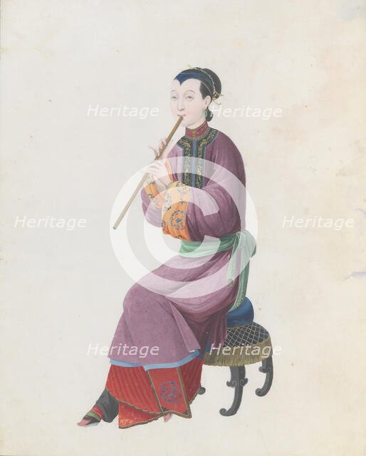 Watercolour of musician playing xiao, late 18th century. Creator: Unknown.