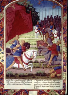 Gilead helps Perceval and they together defeat 20 men, miniature in the incunable 'Lancelot du La…