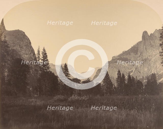 Up the Valley, North Dome in Center, Sentinel on Left, 1861. Creator: Carleton Emmons Watkins.