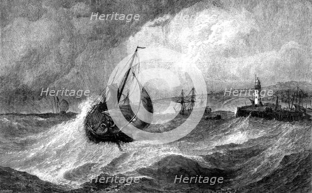 "Freshening Gale, Scarborough: Fishing-Boats returning to Harbour", by E. Hayes..., 1871. Creator: J Greenaway.