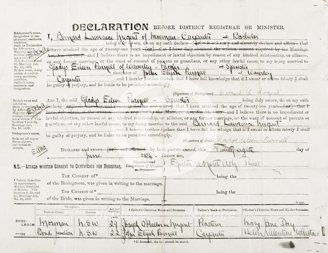 Marriage Certificate of Bernard Laurence 'Barney' Nugent and Gladys Eileen Purnell, 5 July 1924. Creator: Murphy.