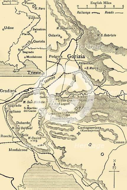 'Gorizia and the Carso: map illustrating the Italian advance towards Trieste in 1916', (c1920).  Creator: Unknown.