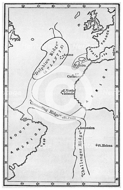 Atlantis: a map showing the location of the mythical continent, c1882 (1956). Artist: Unknown