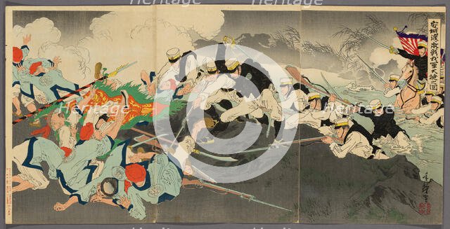 Great Victory of Our Troops at the Fierce Battle of the Ansong Ford (Anjo no watashi..., 1894/95. Creator: Migita Toshihide.