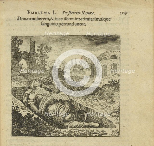 Emblem 50. The dragon killed the woman and she killed him, and both are covered in blood, 1816. Creator: Merian, Matthäus, the Elder (1593-1650).