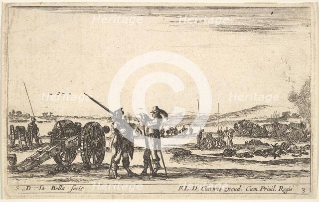 Plate 3: An officer giving orders to a soldier in centre foreground, cannon at left, f..., ca. 1641. Creator: Stefano della Bella.