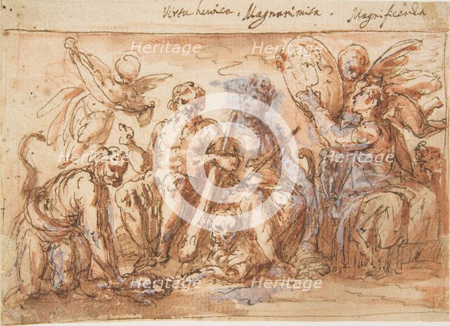 Allegorical Figures: Force, Hercules Strangling the Hydra, Plenty, and Fame, 1600-1650. Creator: Bernardino Rodriguez.