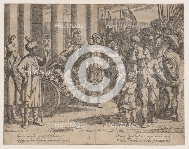 Plate 2: Alexander Cutting the Gordian Knot, from The Deeds of Alexander the Great, 1608., Creator: Antonio Tempesta.