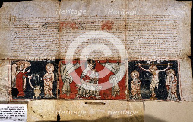  'Granting of indulgences to Virgin de la Rodona of Vic', parchment with an illustration at the b…