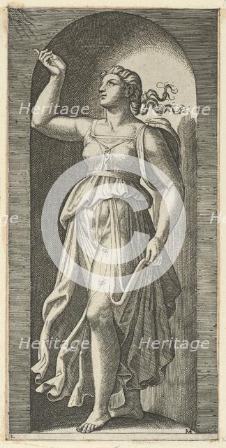 Faith personified by a woman standing in a niche, pointing to rays in the upper lef..., ca. 1515-25. Creator: Marcantonio Raimondi.