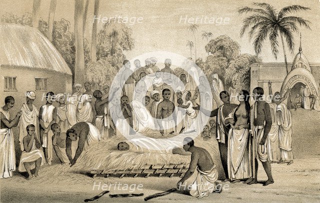 'Ceremony of burning a Hindu widow with the body of her late husband', 1847. Artist: Unknown