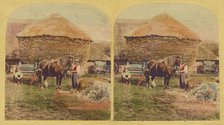 Farmer holding horse, large haystack in background, about 1860. Creator: Unknown.