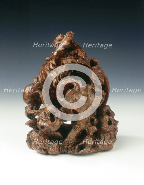 Carved bamboo phoenix with peach spray, China, 2nd half of the 17th century. Artist: Unknown