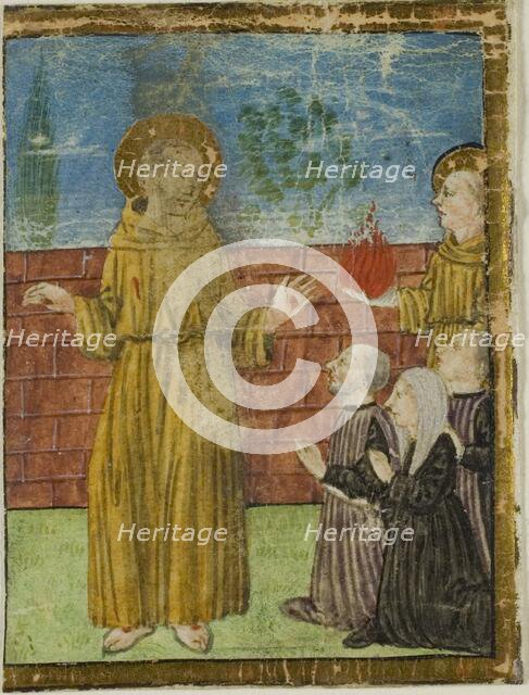 St. Francis of Assisi with Donors in a Historiated Initial from an Unidentified Manuscript, c. 1400. Creator: Unknown.