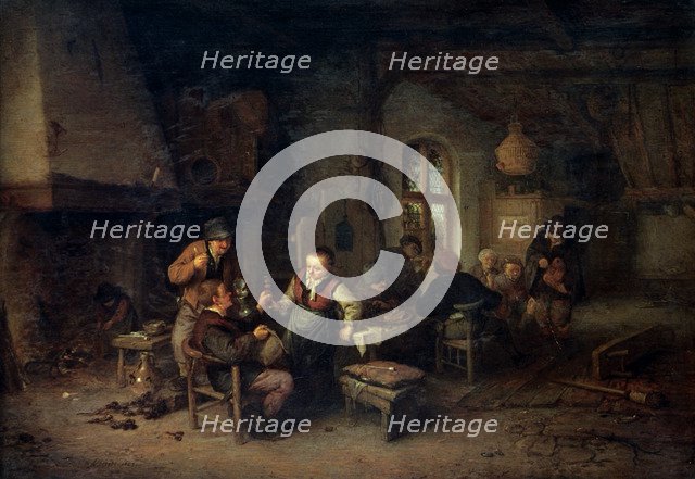 'The Interior of an Inn with Nine Peasants and a Hurdy-Gurdy Player,' 1653.  Artist: Adriaen van Ostade