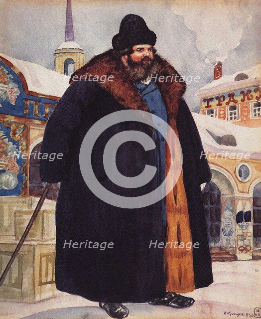 Merchant in a fur coat, 1920. Artist: Kustodiev, Boris Michaylovich (1878-1927)