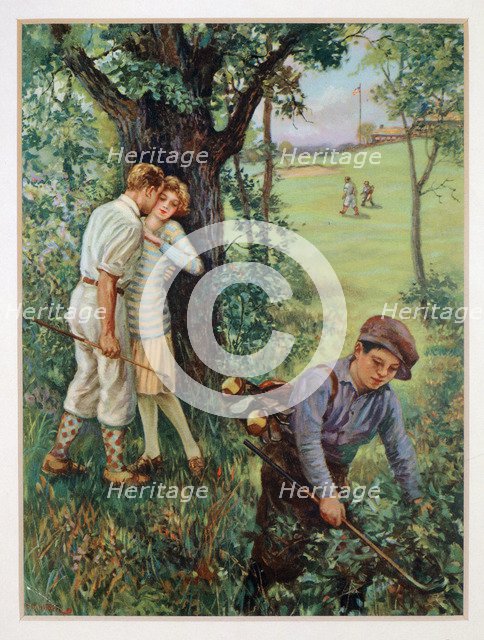 Couple kissing by a tree while young caddy looks for ball, c1930s. Artist: Unknown