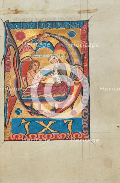 Initial D: A Woman Feeding a Leper in Bed; Psalter, about 1275-1300. Creator: Unknown.