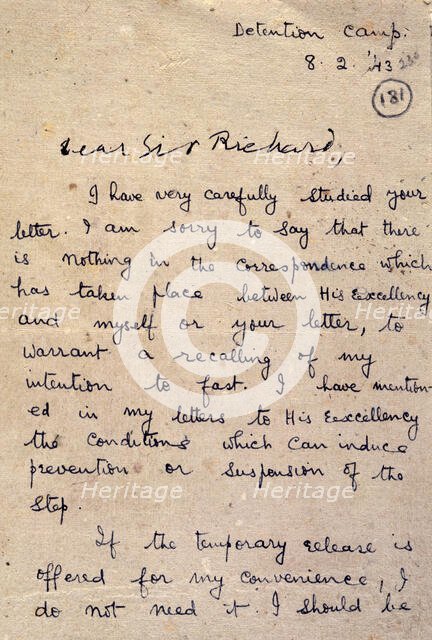 Opening page of a letter from Gandhi to Sir Richard Tottenham, 1943. Creator: Mohandas Gandhi.