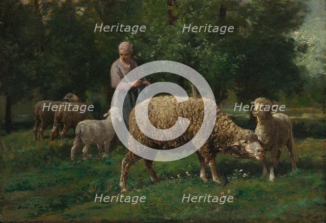 Shepherdess with Sheep, c. 1876. Creator: Charles-Émile Jacque (French, 1813-1894).