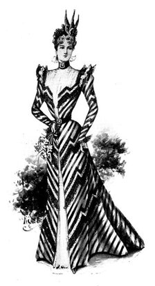 Ladies' Page: a black and white striped silk gown, 1898. Creator: Picador.