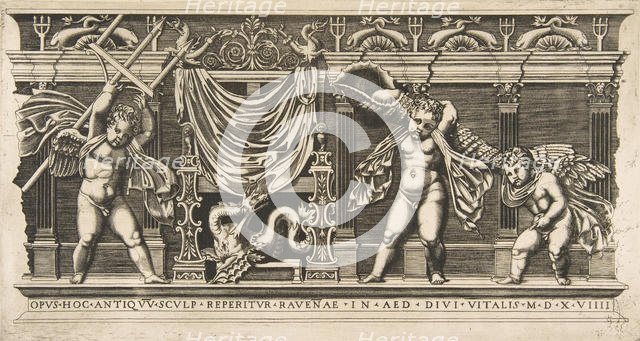 Three cupids in front of a facade with pilasters, one holding a trident and anoth..., ca. 1515-1600. Creator: Unknown.