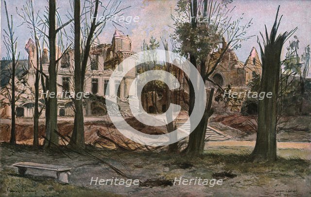 'Les ruines du chateau de Soulir, pres de Vailly, au Sud-Ouest de Craonne' 1917. Creator: Francois Flameng.