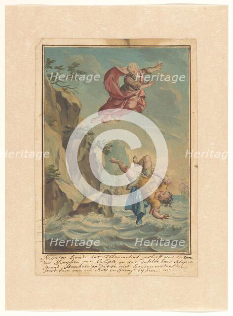 Mentor throws Telemachus off a cliff and jumps after him, 1719-1775. Creator: Ruik Keyert.