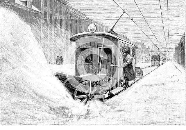 Snowplough train - tram, clearing the streets of the city of Minnesota in 1893.